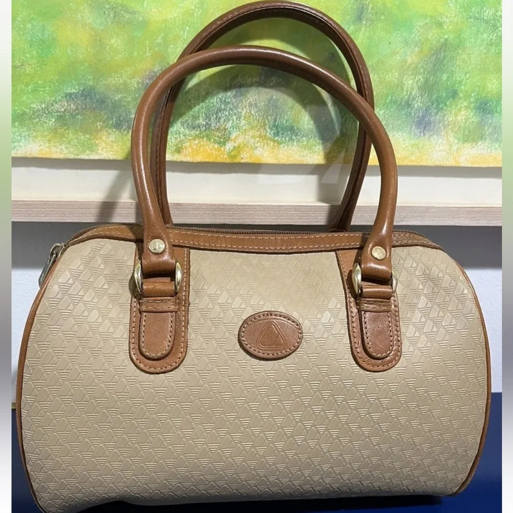 Liz Claiborne Purse Beige Logo Leather Vinyl Bag Satchel Vintage 80s 1988